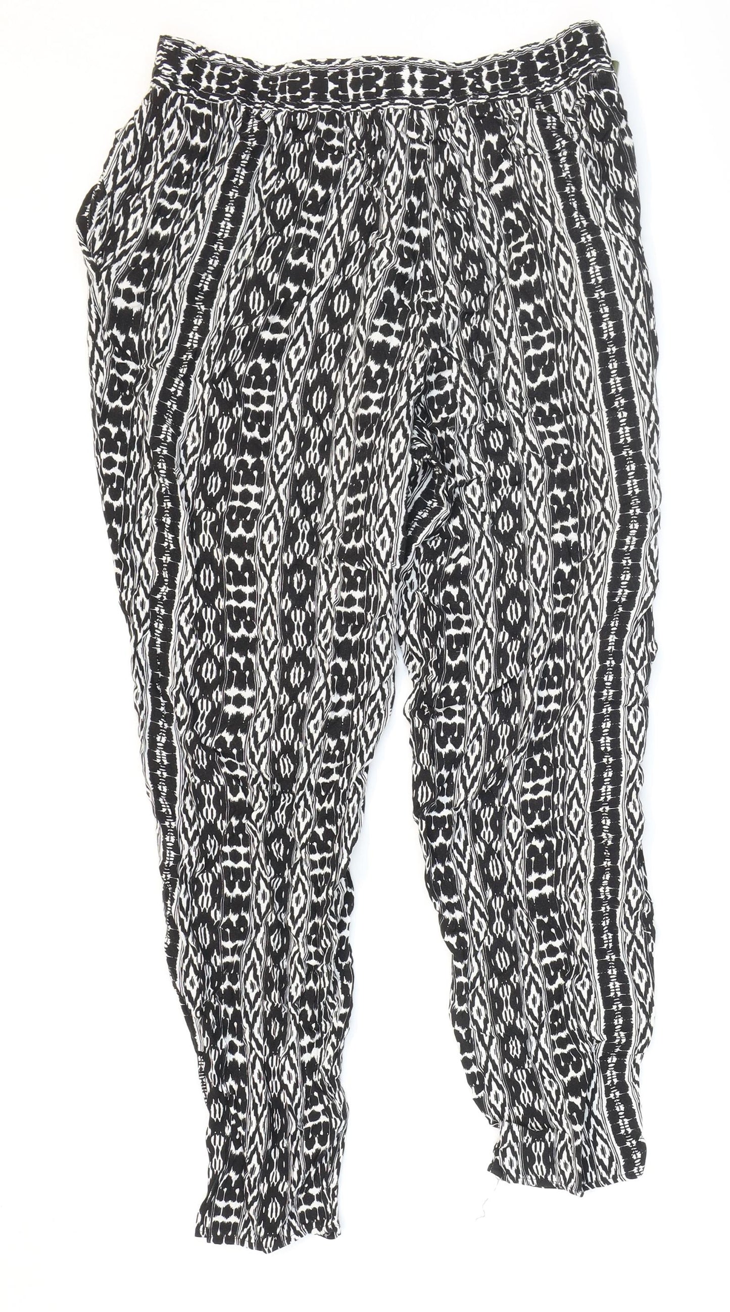 F&F Womens Black Geometric Viscose Trousers Size 12 L26 in Regular - Decorative drawstring