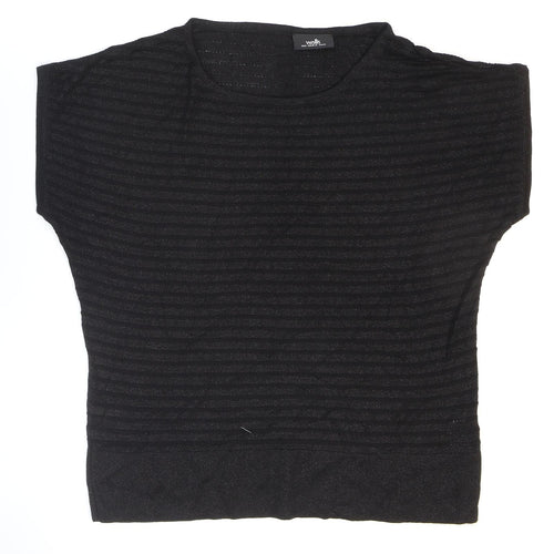 Wallis Womens Black Striped Viscose Basic T-Shirt Size M Round Neck