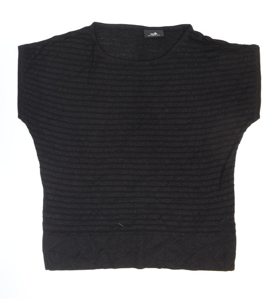 Front view of Wallis women’s black striped viscose basic t-shirt, size M, round neck