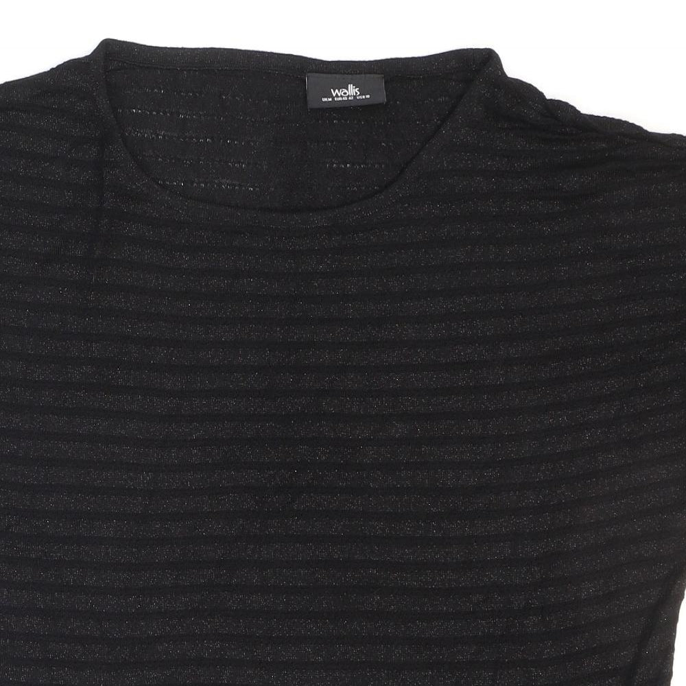Wallis Womens Black Striped Viscose Basic T-Shirt Size M Round Neck