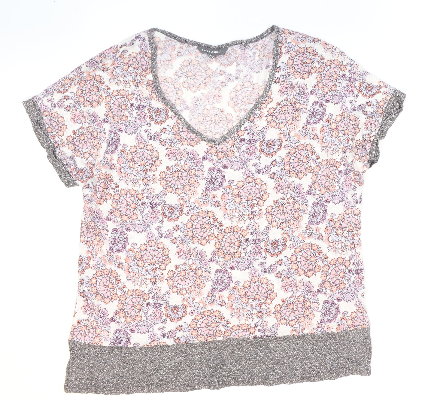 Laura Ashley Womens Multicoloured Floral Linen Basic T-Shirt Size 16 V-Neck