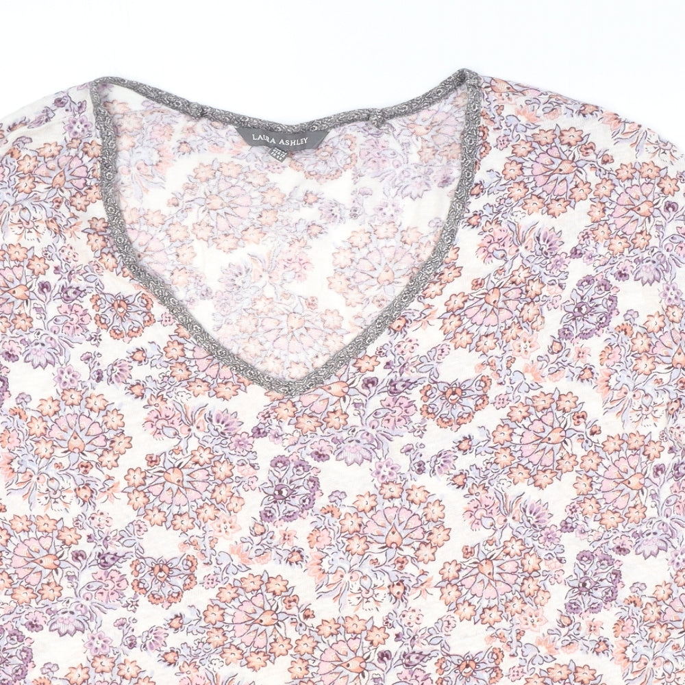 Laura Ashley Womens Multicoloured Floral Linen Basic T-Shirt Size 16 V-Neck