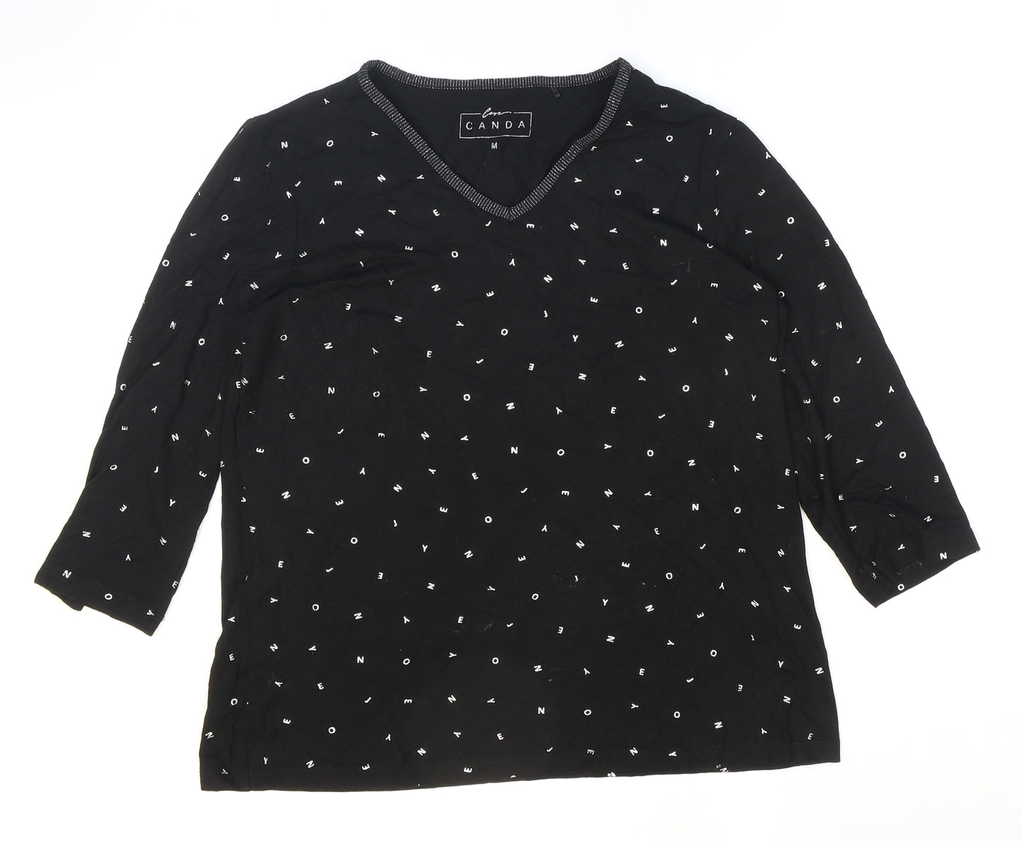 Cape Canada Womens Black Geometric Polyester Basic T-Shirt Size M V-Neck - Letters