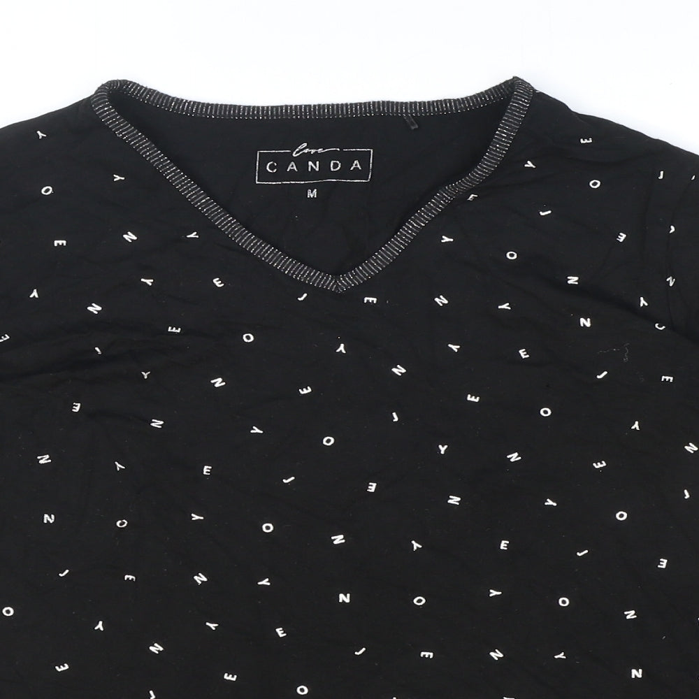 Cape Canada Womens Black Geometric Polyester Basic T-Shirt Size M V-Neck - Letters