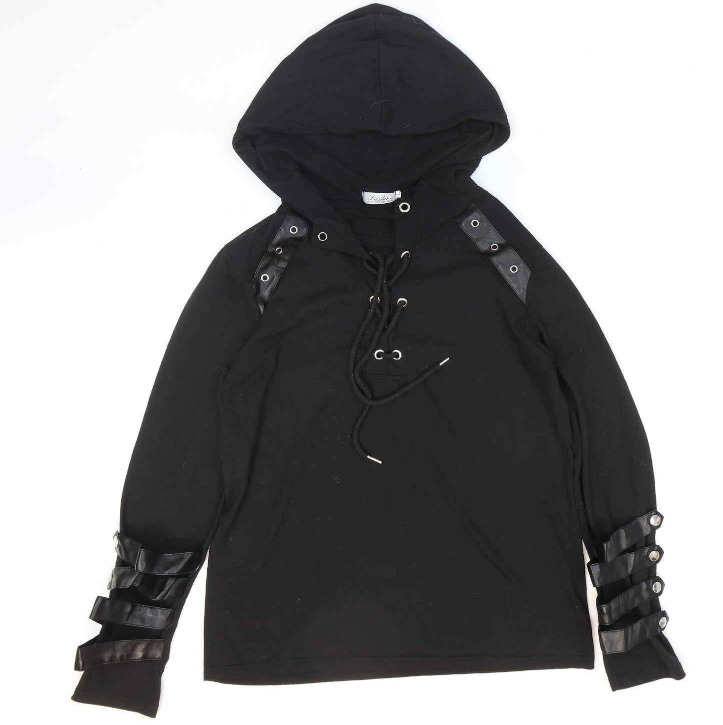 Fashion Womens Black Polyester Pullover Hoodie Size L Drawstring - Faux leather