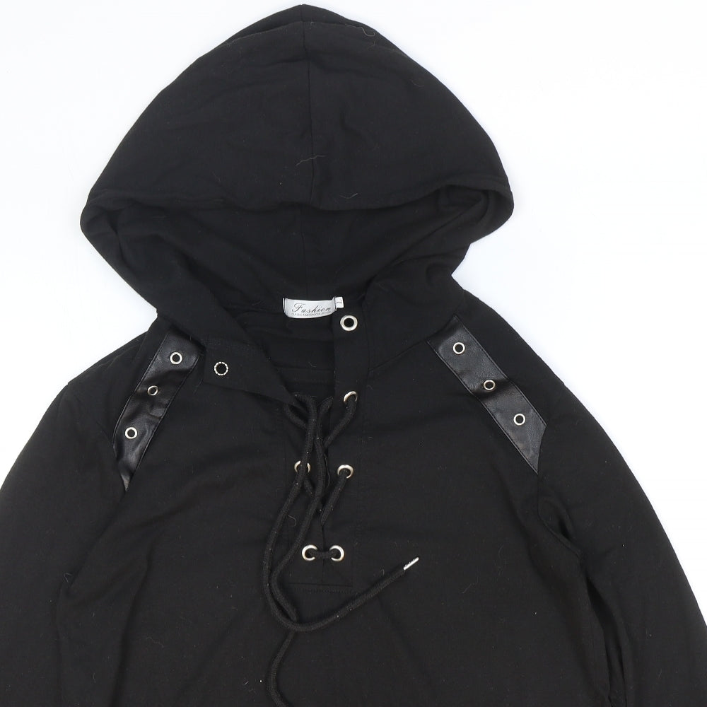 Fashion Womens Black Polyester Pullover Hoodie Size L Drawstring - Faux leather