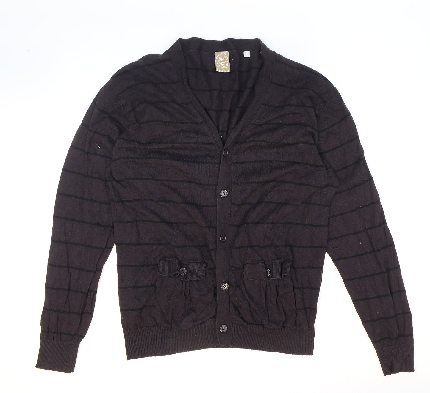 Luca Mens Brown V-Neck Striped Cotton Cardigan Jumper Size XL