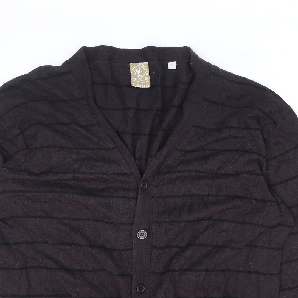 Luca Mens Brown V-Neck Striped Cotton Cardigan Jumper Size XL