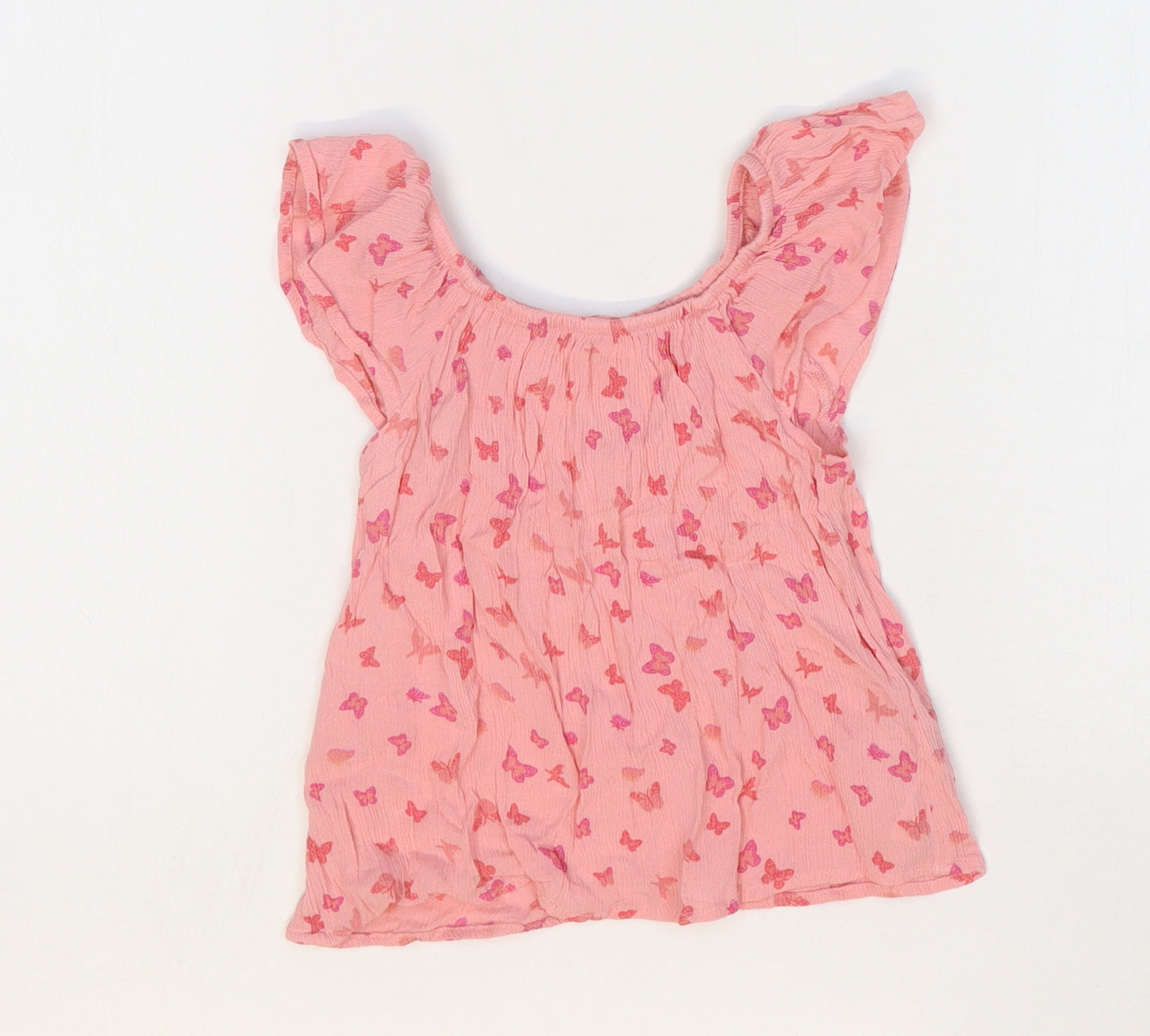 Primark Girls Pink Floral Viscose Basic T-Shirt Size 4-5 Years Scoop Neck Pullover - Butterfly Print