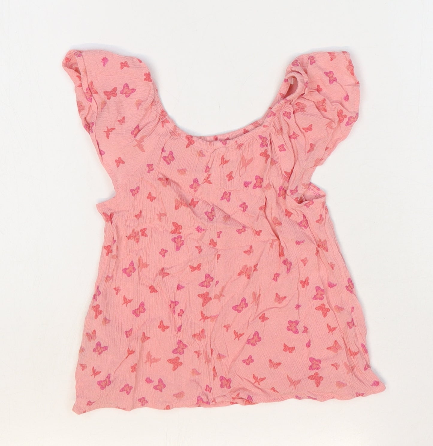 Primark Girls Pink Floral Viscose Basic T-Shirt Size 4-5 Years Scoop Neck Pullover - Butterfly Print