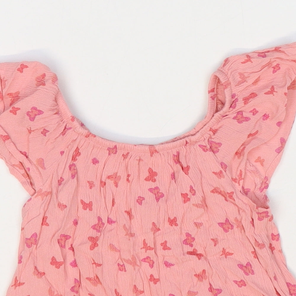 Primark Girls Pink Floral Viscose Basic T-Shirt Size 4-5 Years Scoop Neck Pullover - Butterfly Print