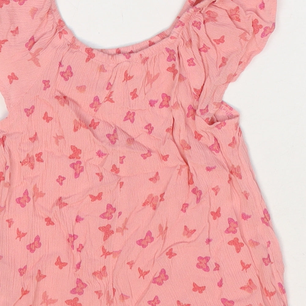 Primark Girls Pink Floral Viscose Basic T-Shirt Size 4-5 Years Scoop Neck Pullover - Butterfly Print