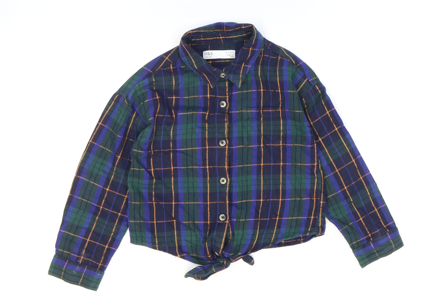 Marks and Spencer Girls Multicoloured Plaid Cotton Basic Button-Up Size 6-7 Years Collared Button - Cropped Tie Front