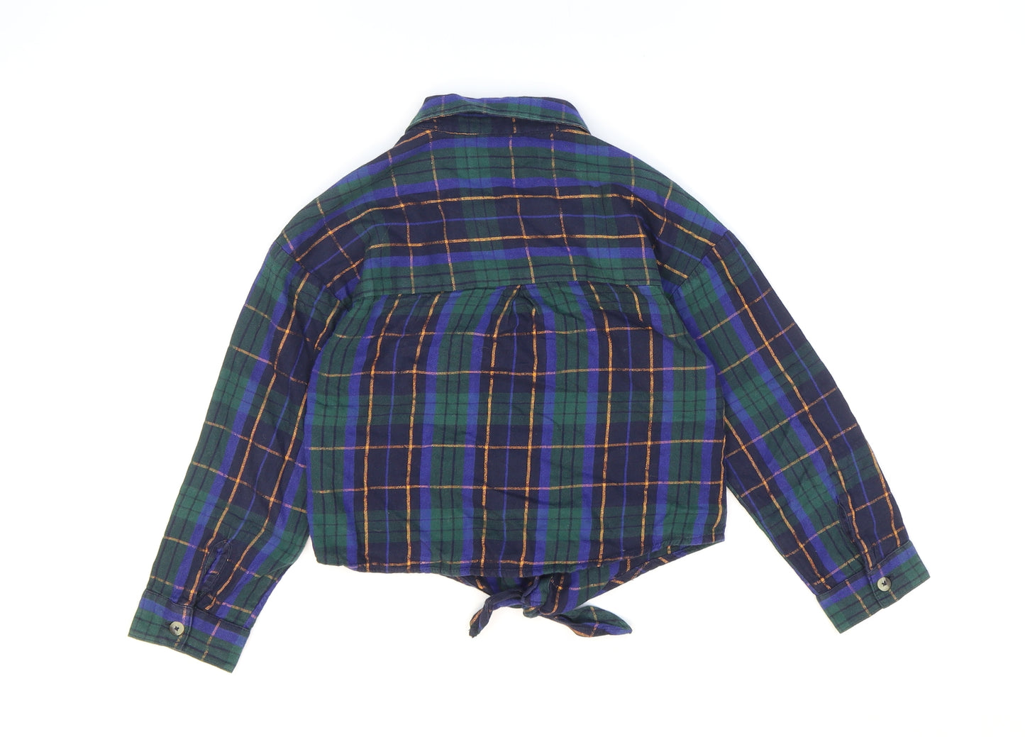 Marks and Spencer Girls Multicoloured Plaid Cotton Basic Button-Up Size 6-7 Years Collared Button - Cropped Tie Front