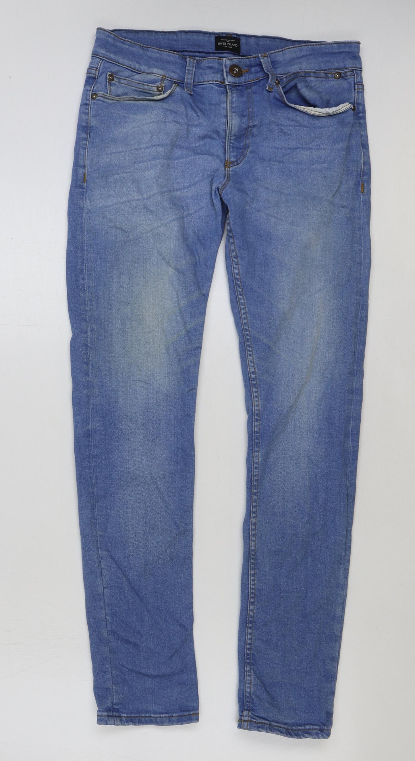 River Island Mens Blue Cotton Skinny Jeans Size 30 in L32 in Regular Button