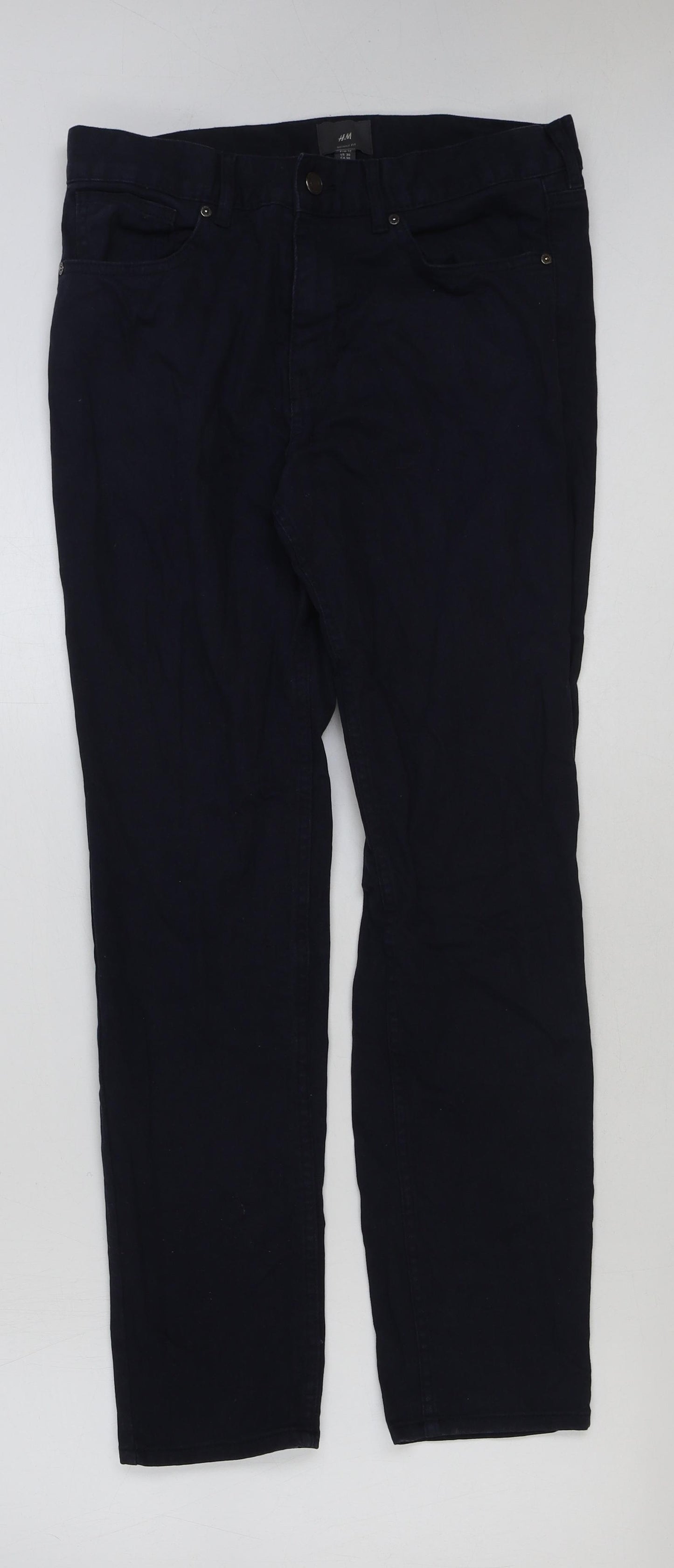 H&M Womens Blue Cotton Trousers Size 30 in L29 in Regular Button