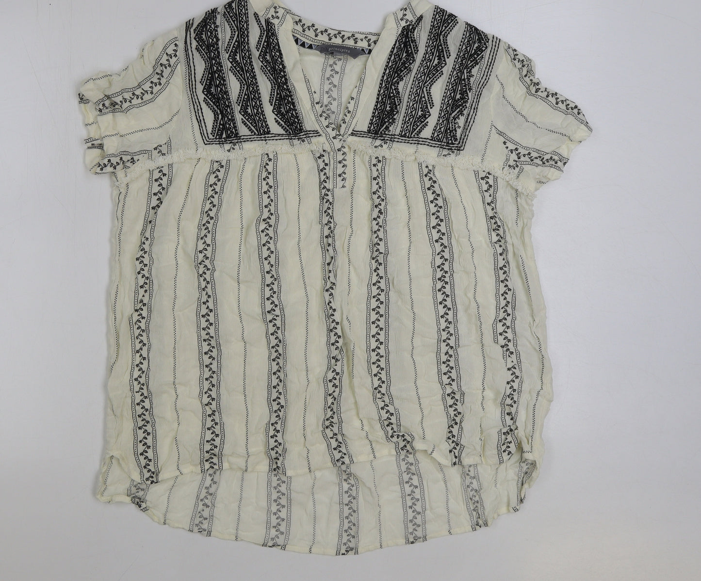 Principles Womens White Geometric Viscose Basic Blouse Size 14 V-Neck