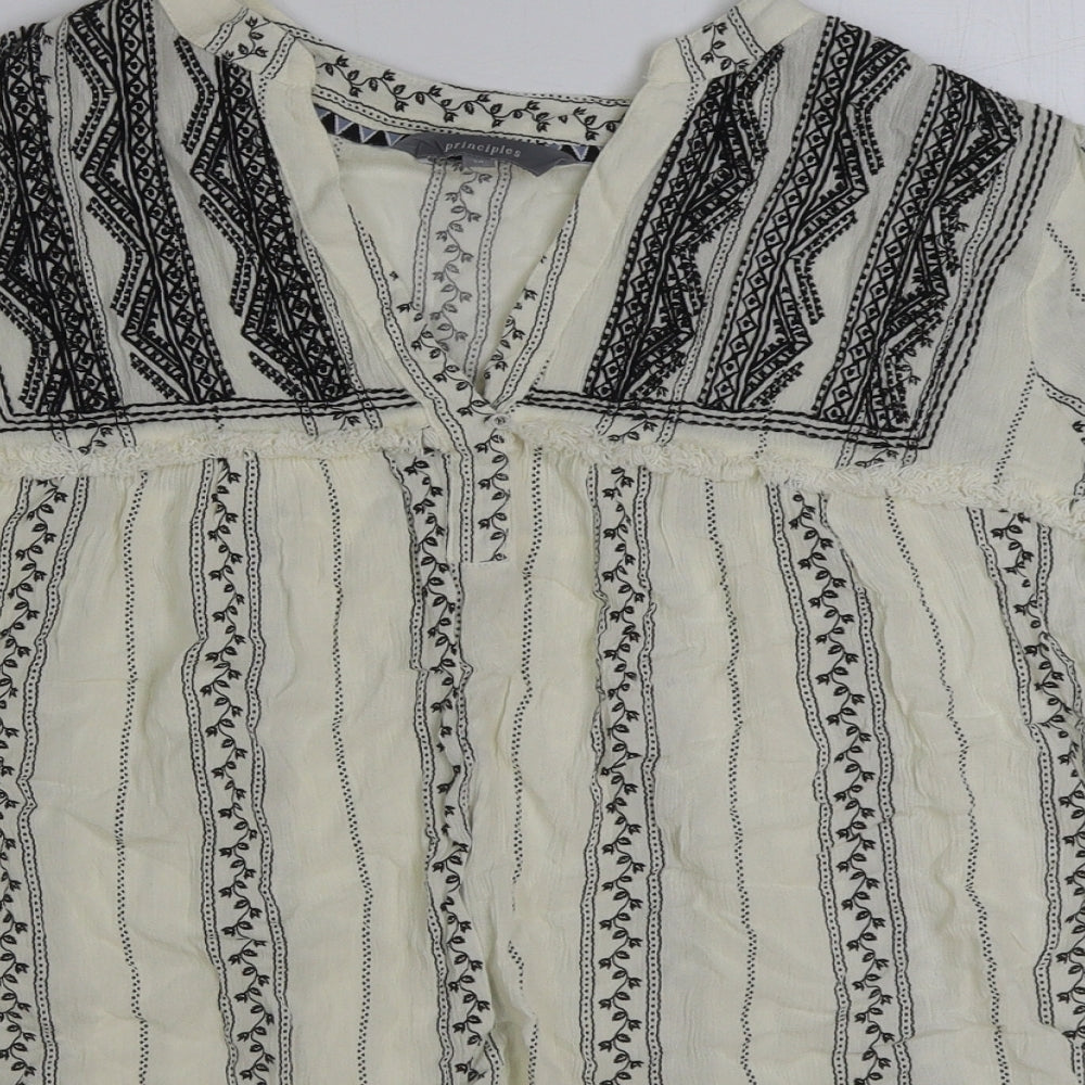 Principles Womens White Geometric Viscose Basic Blouse Size 14 V-Neck