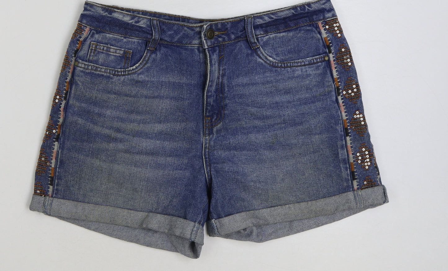 TU Womens Blue Cotton Bermuda Shorts Size 12 L4 in Regular Button