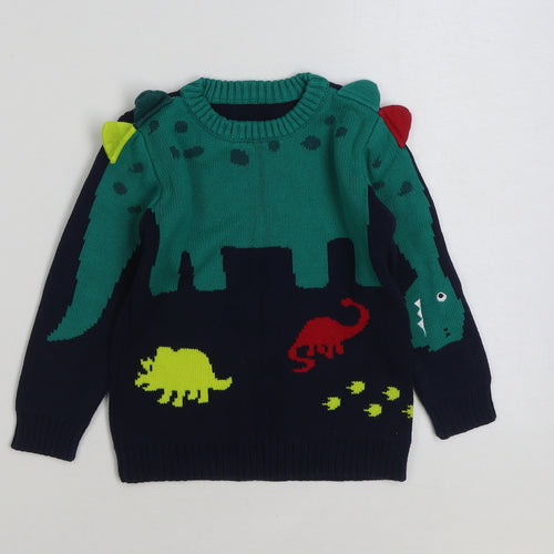 Nutmeg Boys Multicoloured Round Neck Geometric Cotton Pullover Jumper Size 3-4 Years Pullover - Dinosaur print