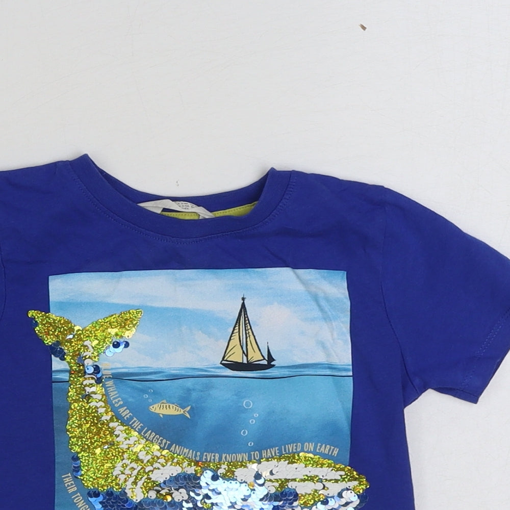 H&M Boys Blue Polyester Basic T-Shirt Size 3-4 Years Round Neck Pullover - Whale print