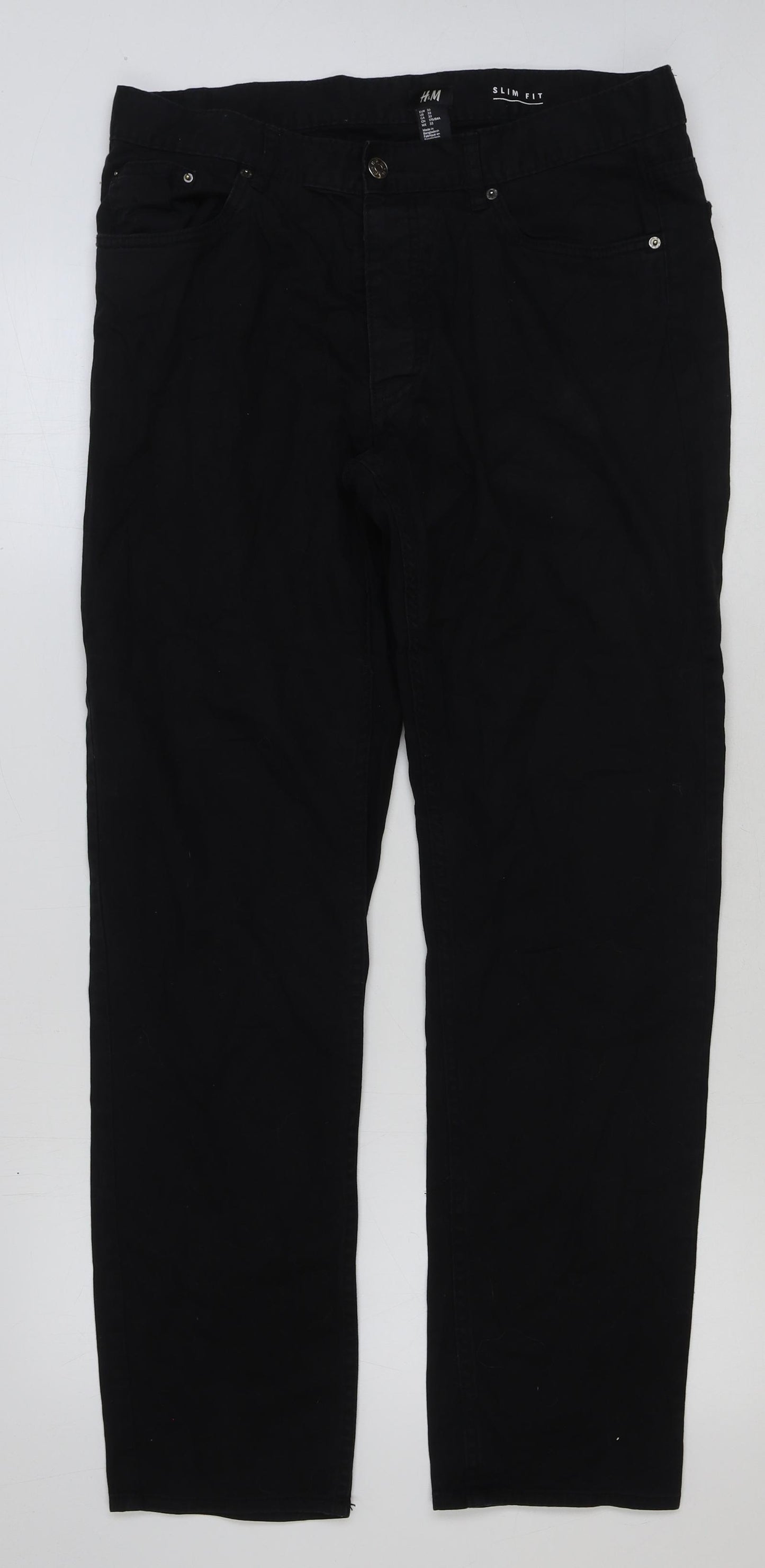 H&M Mens Black Cotton Trousers Size 34 in L31 in Slim Button
