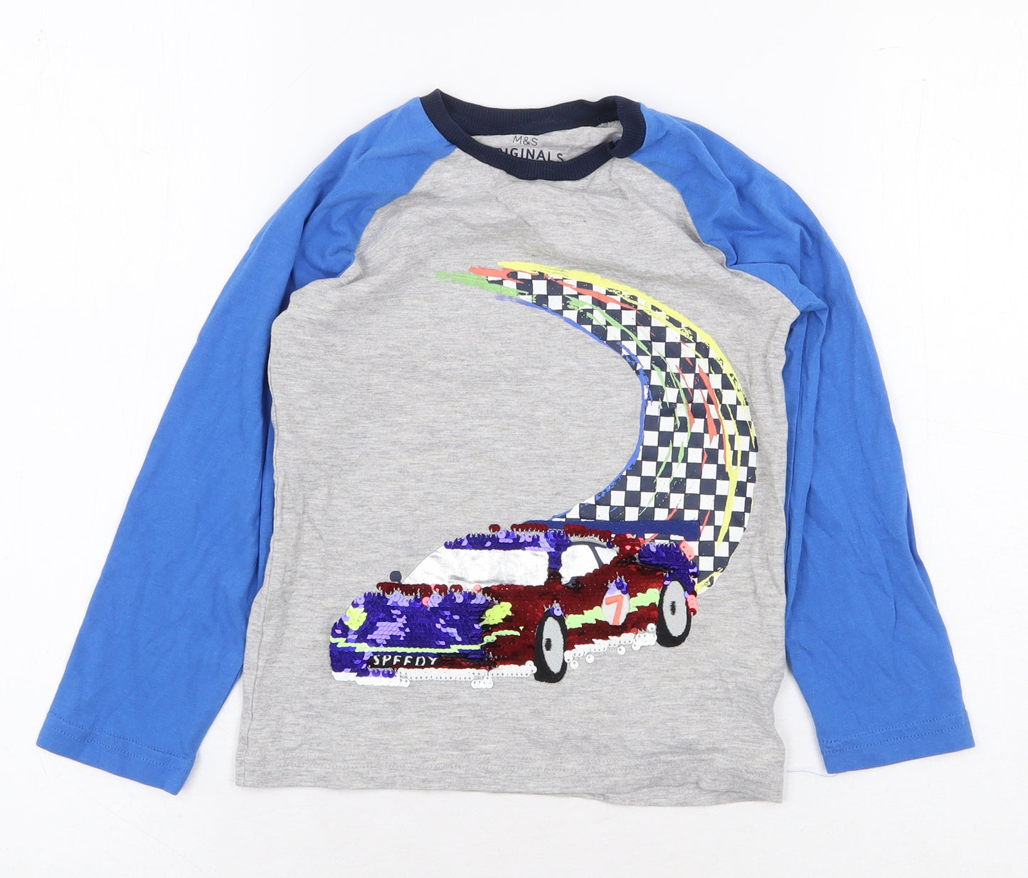 Marks and Spencer Boys Grey Colourblock Cotton Basic T-Shirt Size 4-5 Years Round Neck Pullover - Race Car