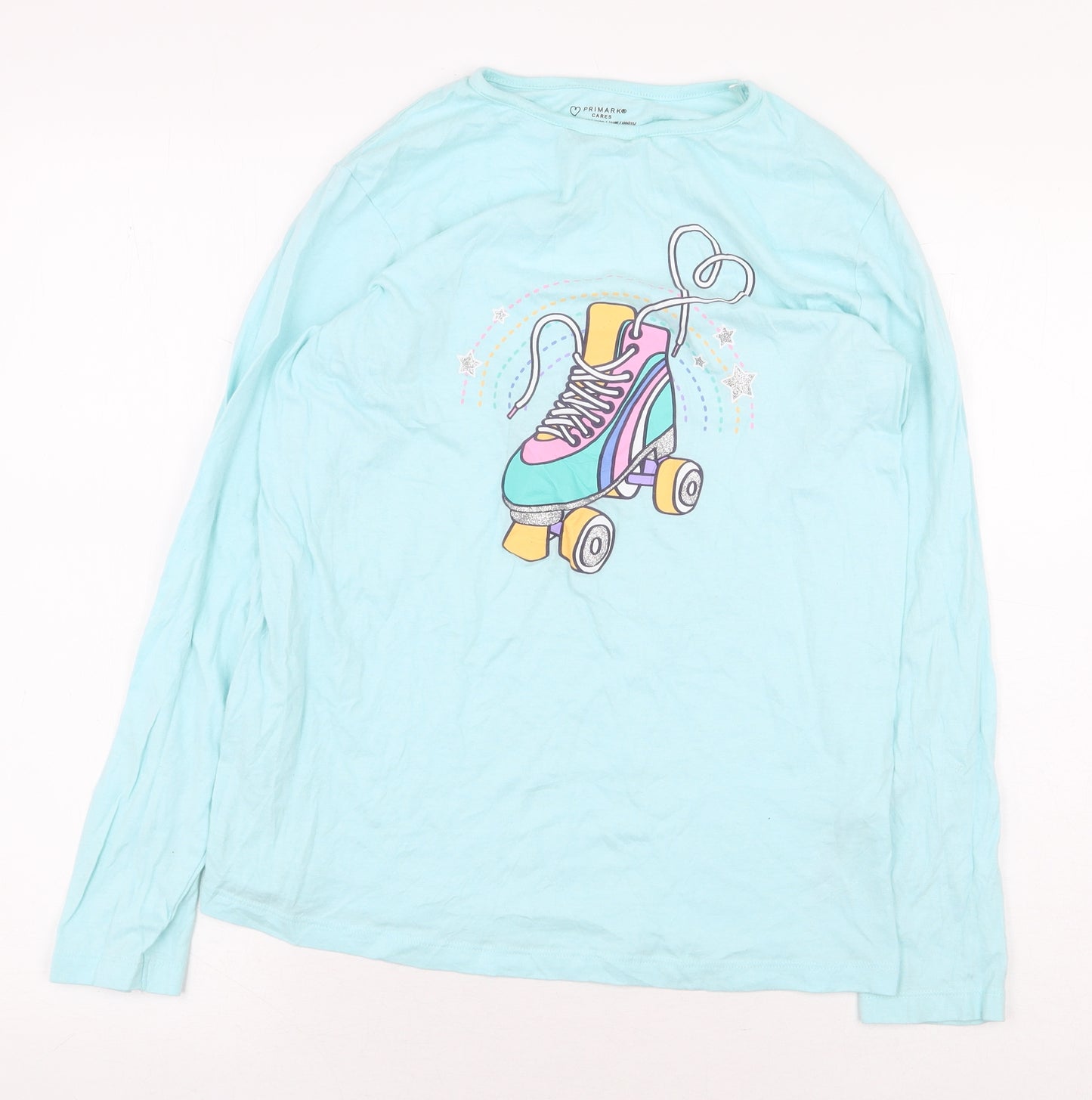 Primark Girls Green 100% Cotton Basic T-Shirt Size 12-13 Years Round Neck Pullover - Roller Skate
