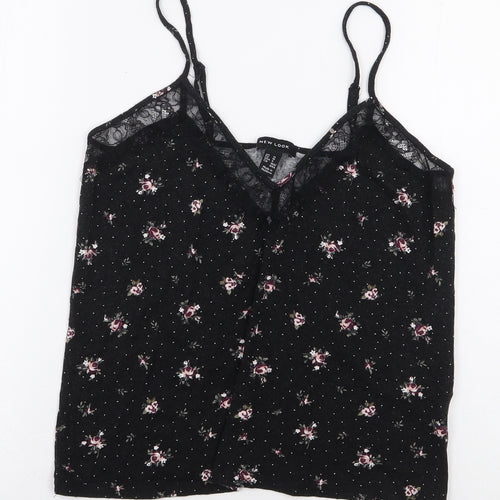 New Look Womens Black Floral Viscose Basic Blouse Size M V-Neck