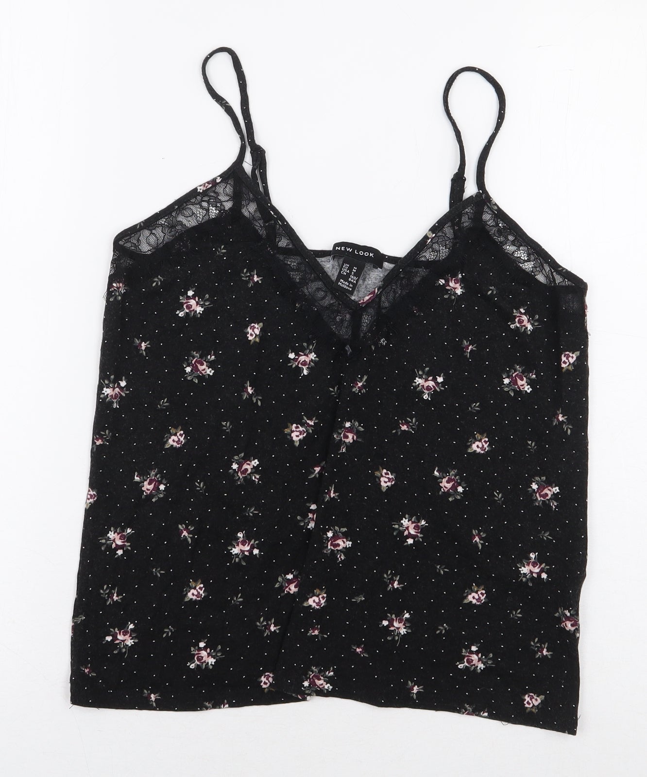 New Look Womens Black Floral Viscose Basic Blouse Size M V-Neck