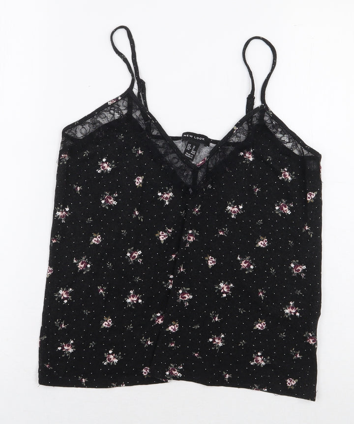 New Look Womens Black Floral Viscose Basic Blouse Size M V-Neck