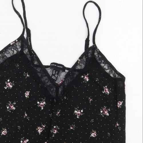New Look Womens Black Floral Viscose Basic Blouse Size M V-Neck