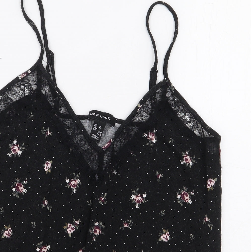 New Look Womens Black Floral Viscose Basic Blouse Size M V-Neck