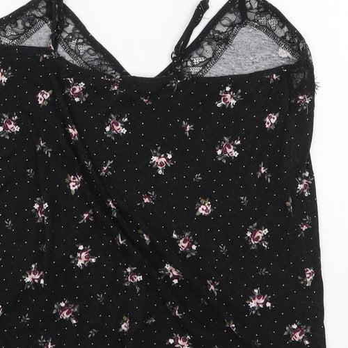 New Look Womens Black Floral Viscose Basic Blouse Size M V-Neck