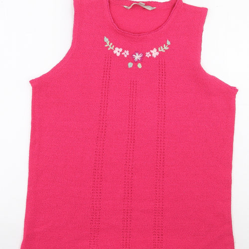 Akal Collection Womens Pink Acrylic Basic Tank Size S Round Neck - Flower Detail