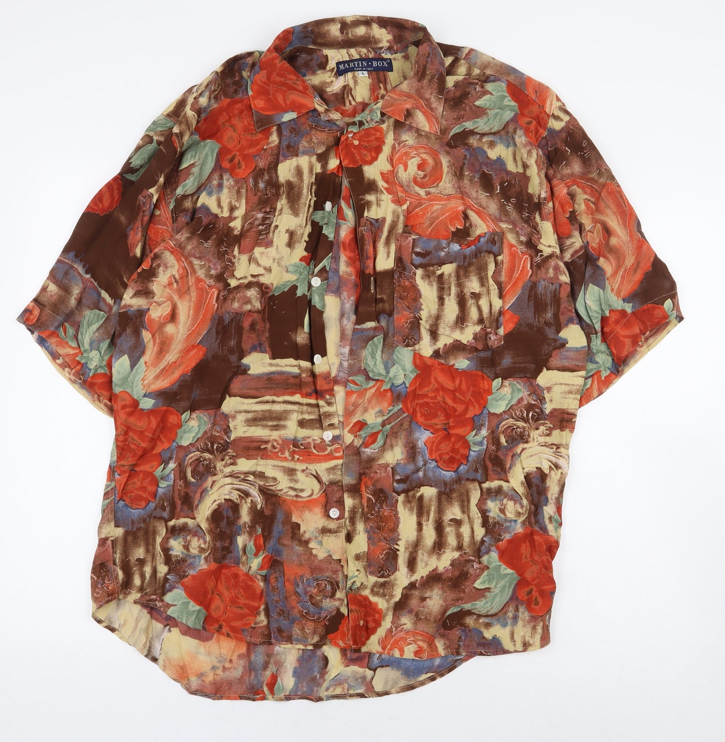 Martin Box Mens Multicoloured Floral Viscose Button-Up Size L Collared Button