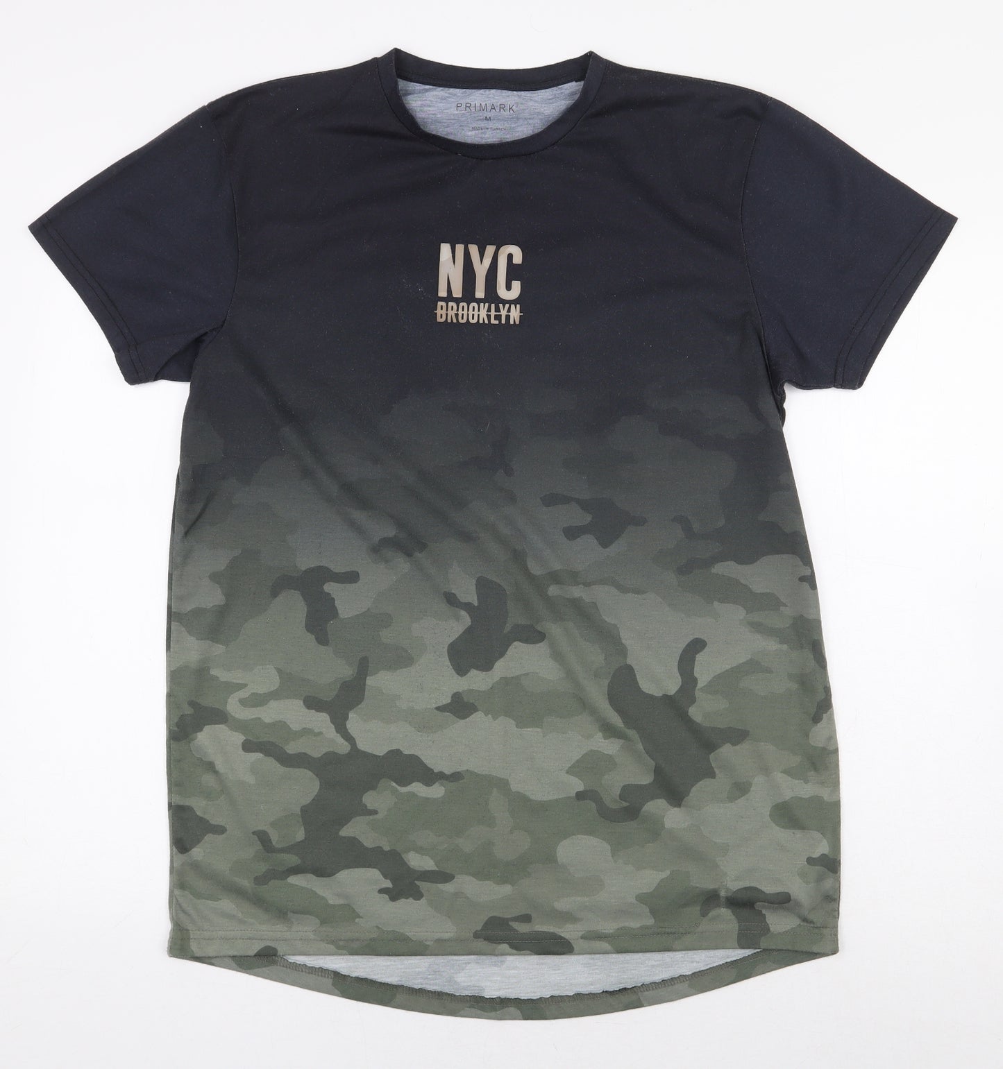 Primark Mens Green Camouflage Polyester T-Shirt Size M Round Neck