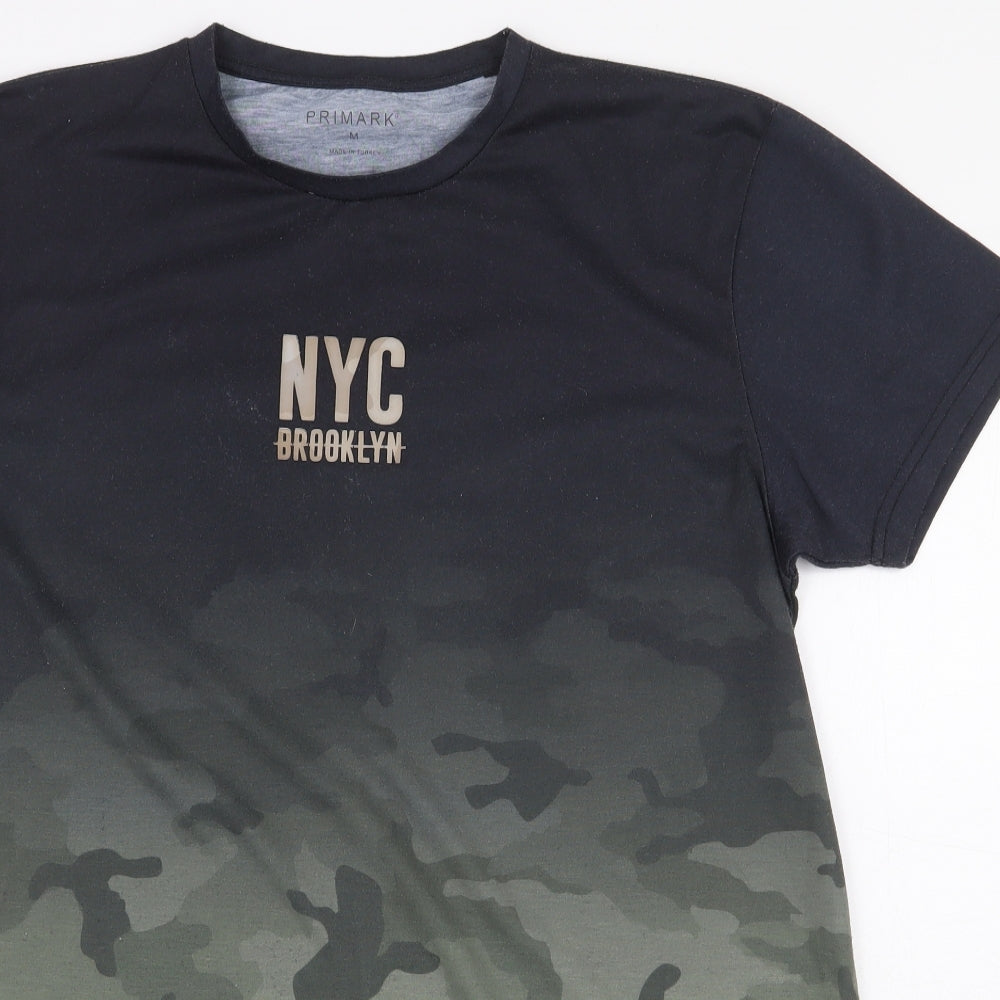 Primark Mens Green Camouflage Polyester T-Shirt Size M Round Neck