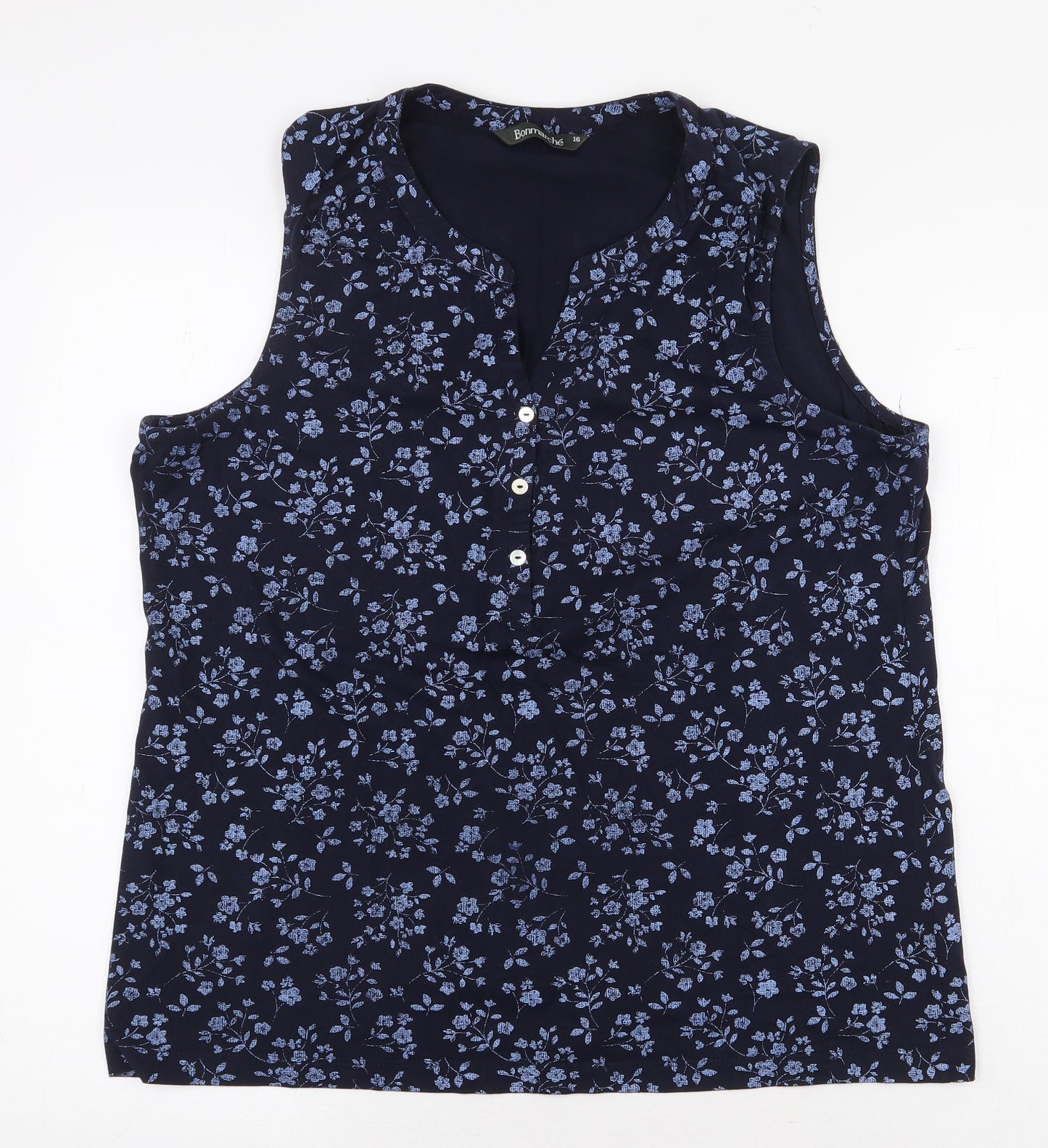 Bonmarché Womens Blue Floral 100% Cotton Basic Tank Size 16 V-Neck