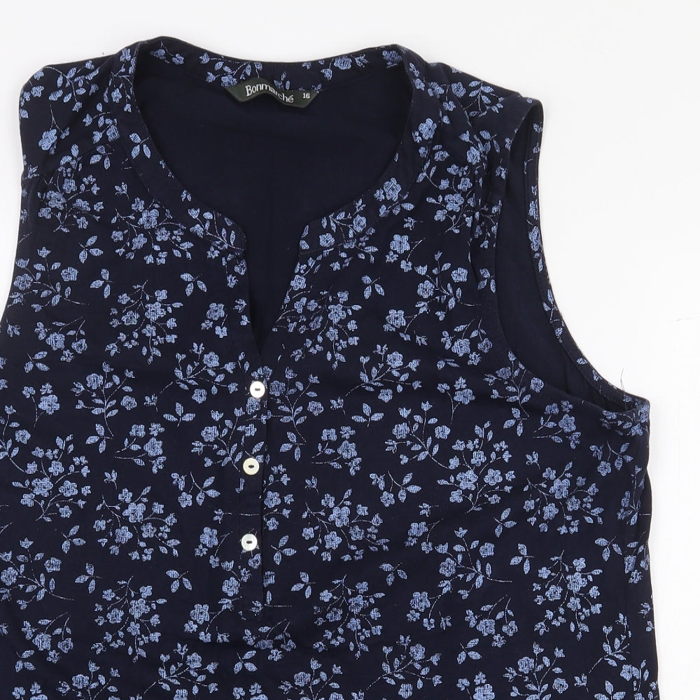 Bonmarché Womens Blue Floral 100% Cotton Basic Tank Size 16 V-Neck