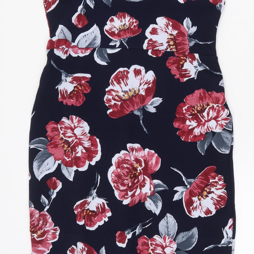 Boohoo Womens Blue Floral Polyester Pencil Dress Size 10 Square Neck Hook & Eye - Neck Cut out