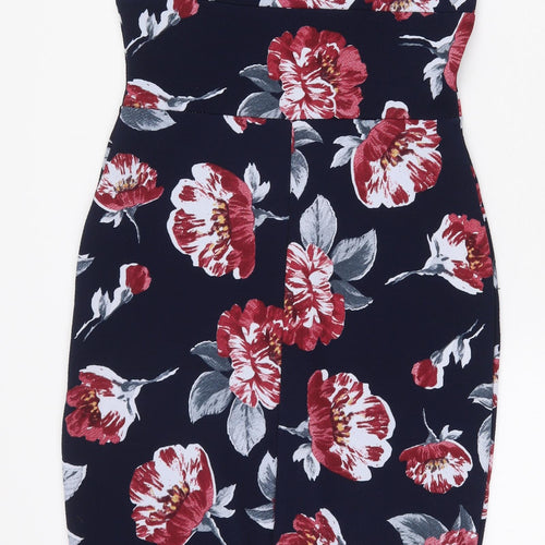 Boohoo Womens Blue Floral Polyester Pencil Dress Size 10 Square Neck Hook & Eye - Neck Cut out