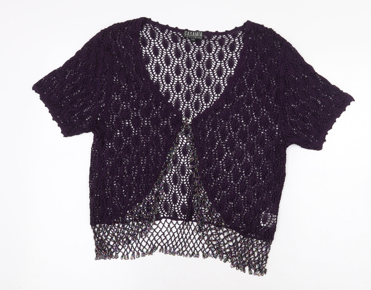 Casamia Womens Purple Viscose Basic Blouse Size S V-Neck - Beaded Cuff Trim