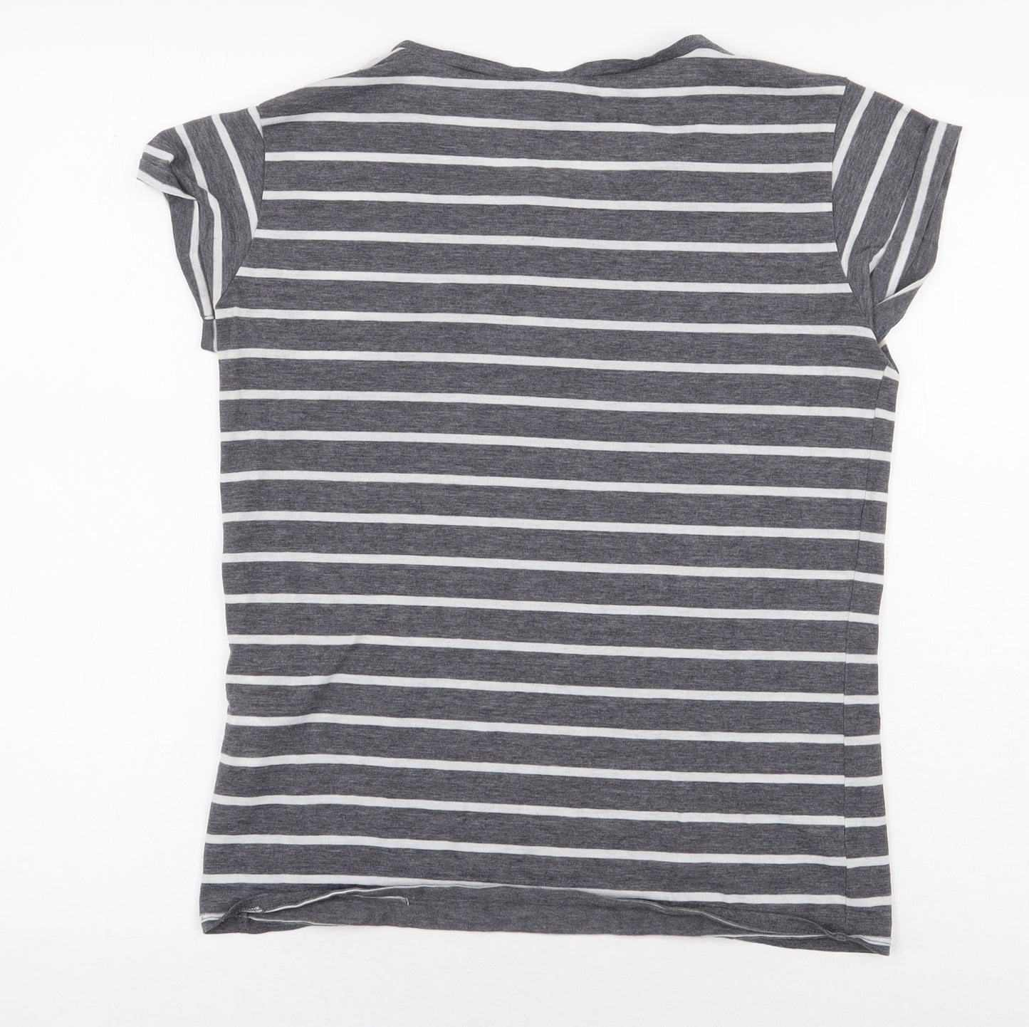 Warehouse Womens Grey Striped Polyester Basic T-Shirt Size 10 Round Neck