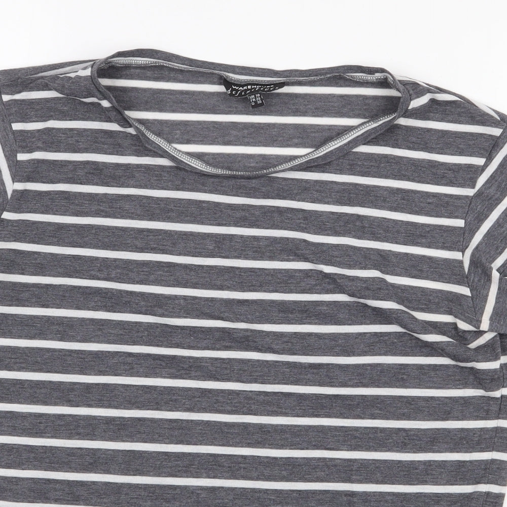 Warehouse Womens Grey Striped Polyester Basic T-Shirt Size 10 Round Neck