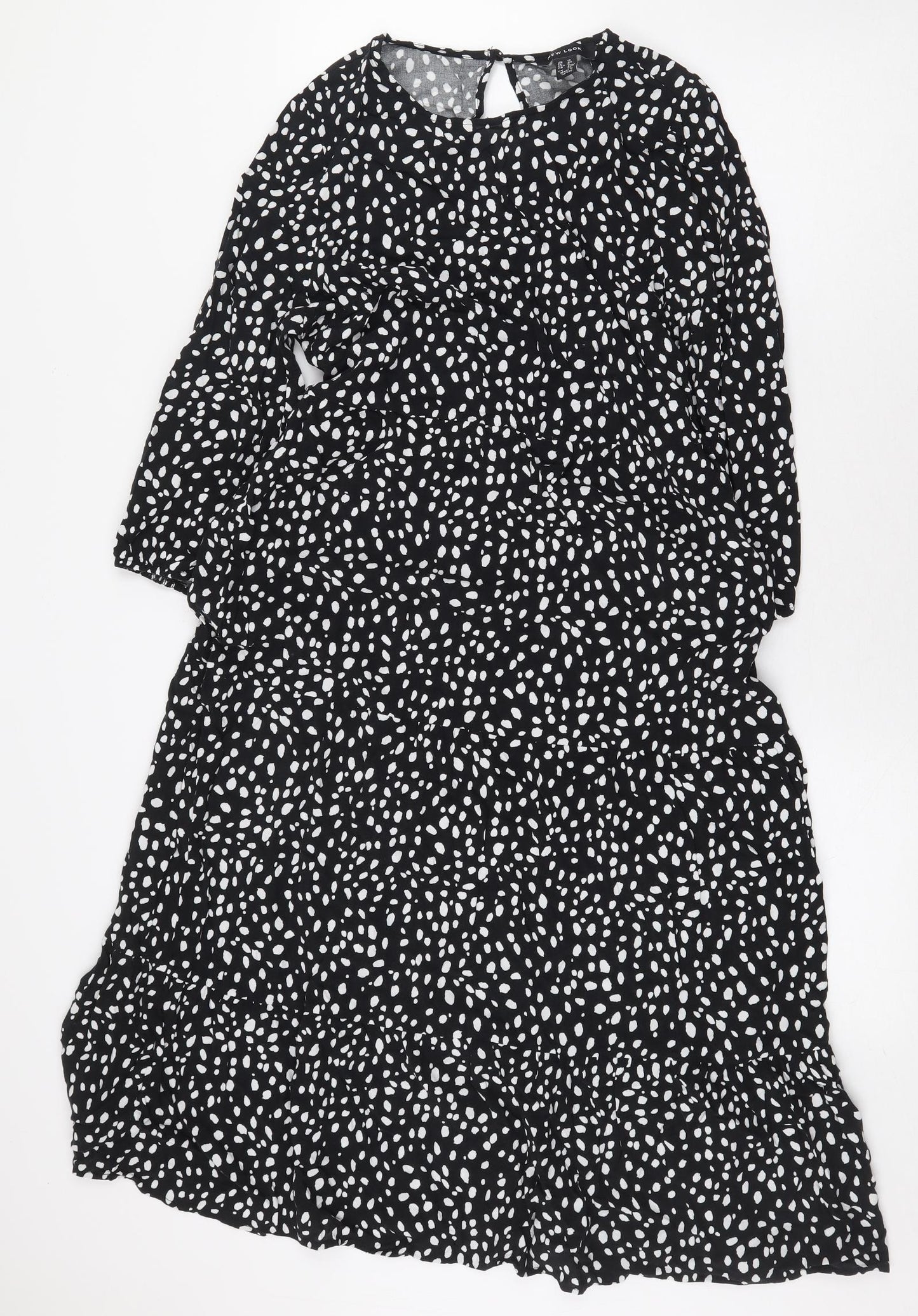 New Look Womens Black Animal Print Viscose A-Line Size 12 Round Neck Button