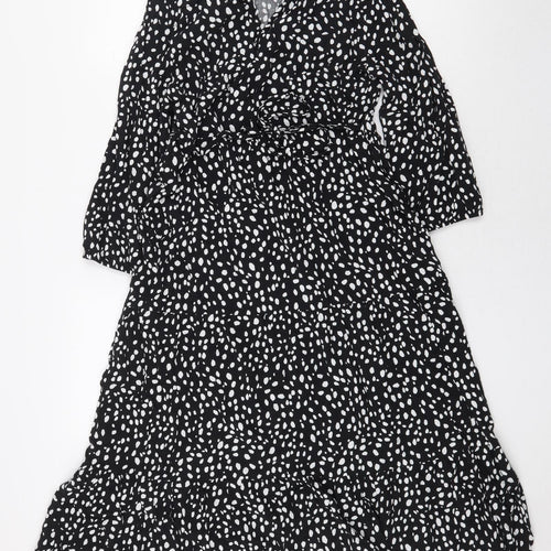 New Look Womens Black Animal Print Viscose A-Line Size 12 Round Neck Button