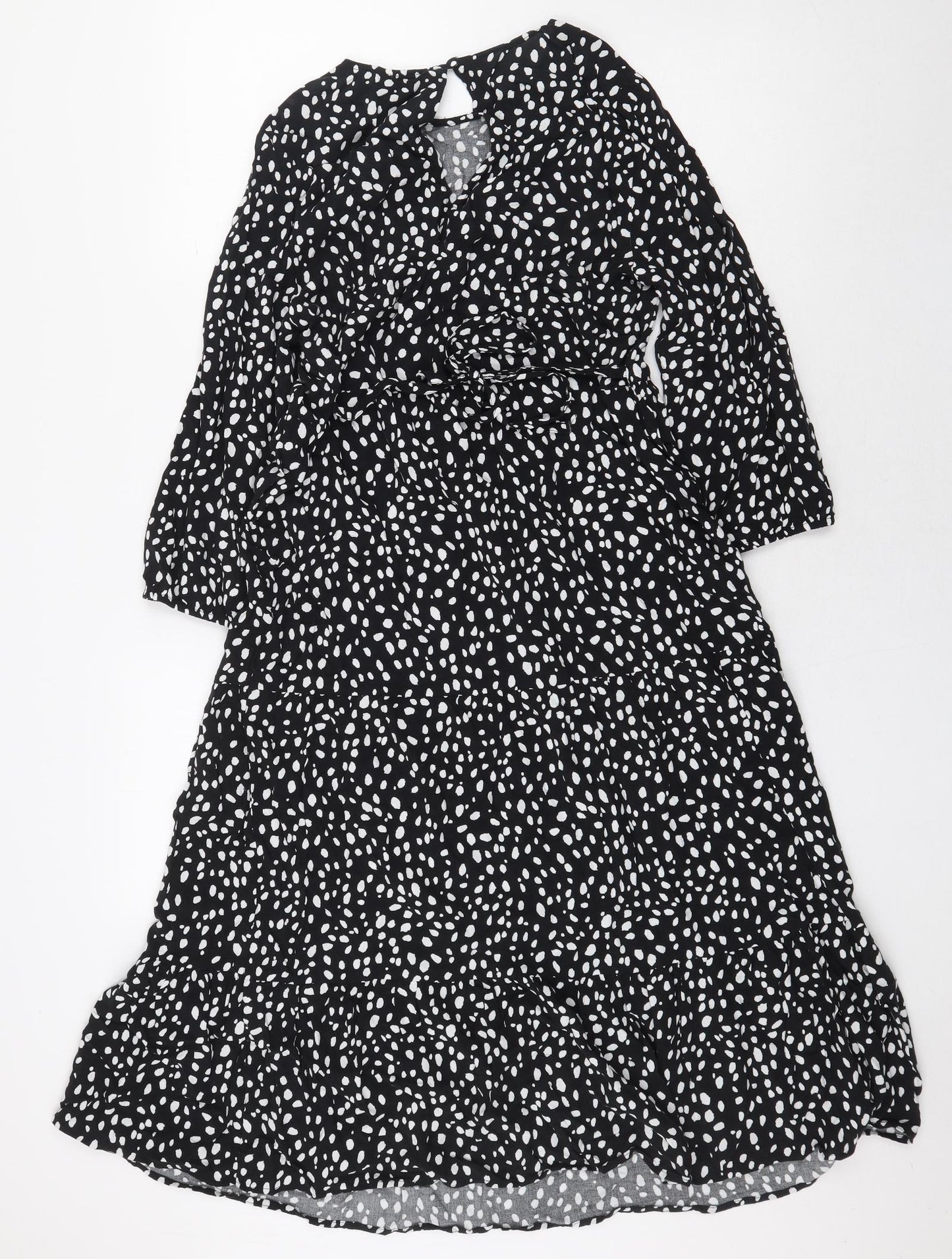 New Look Womens Black Animal Print Viscose A-Line Size 12 Round Neck Button