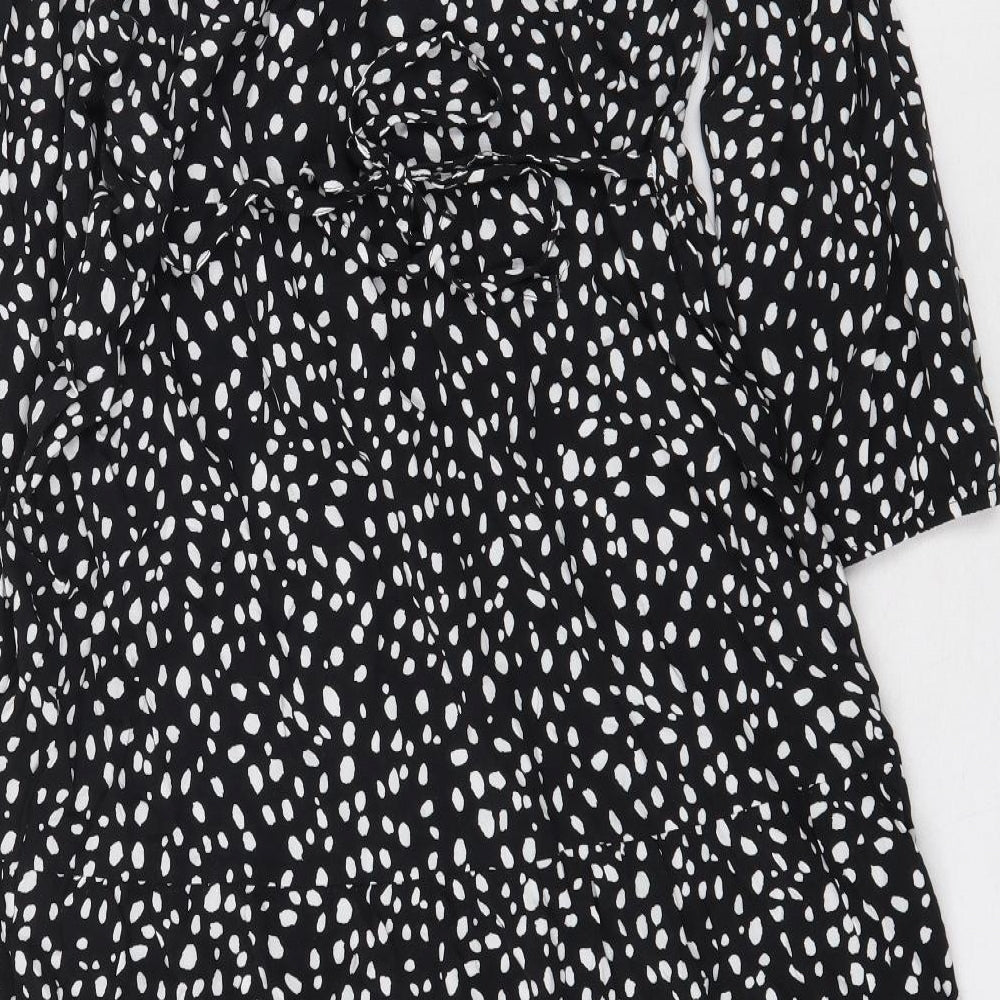 New Look Womens Black Animal Print Viscose A-Line Size 12 Round Neck Button