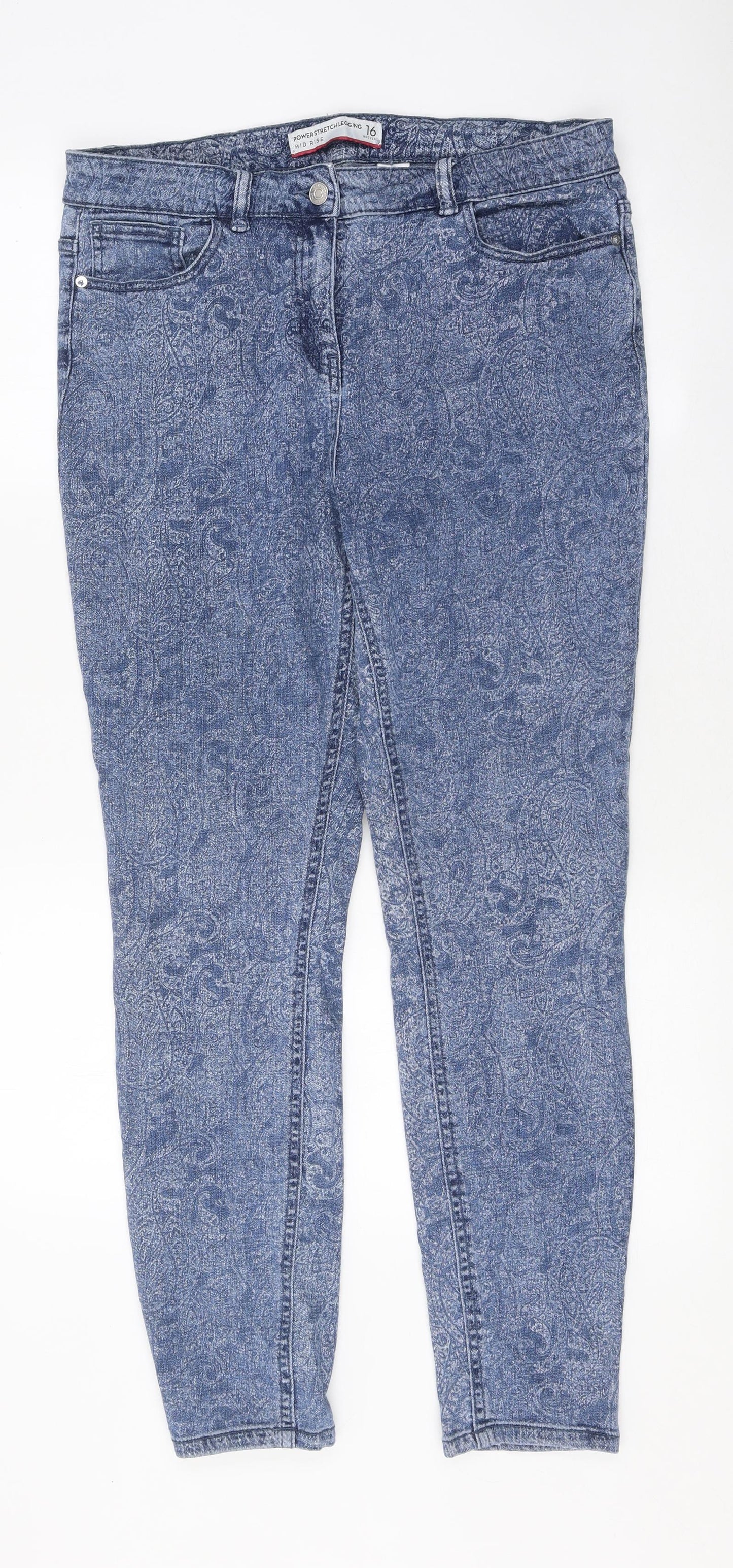 NEXT Womens Blue Geometric 100% Cotton Skinny Jeans Size 16 L27 in Regular Zip